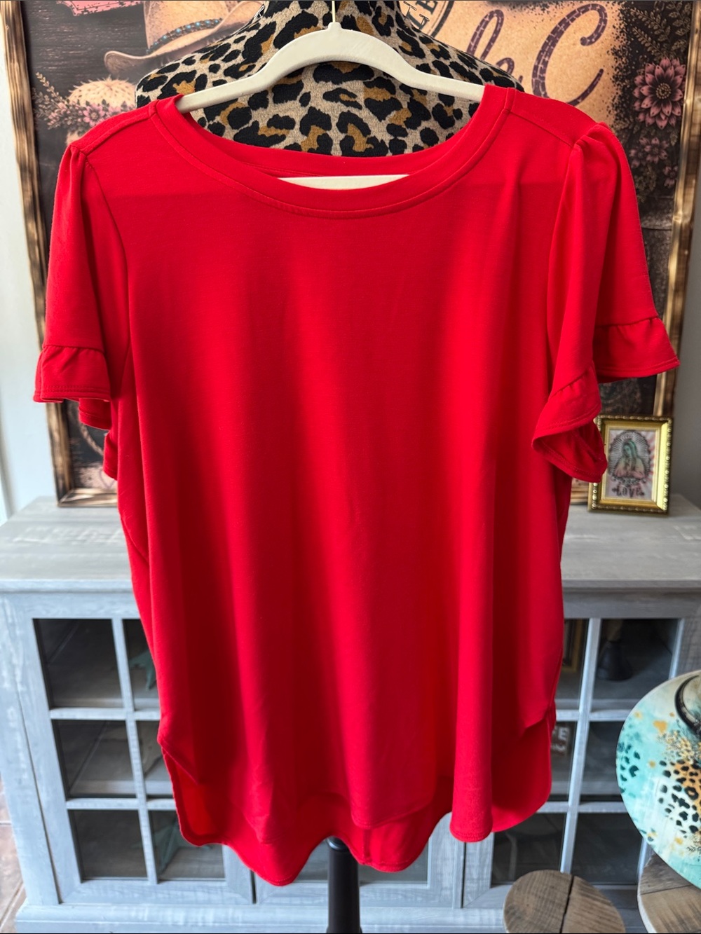 crown & ivy Red Short Sleeve Ruffle-Sleeve Women’s Top Sz 1XL